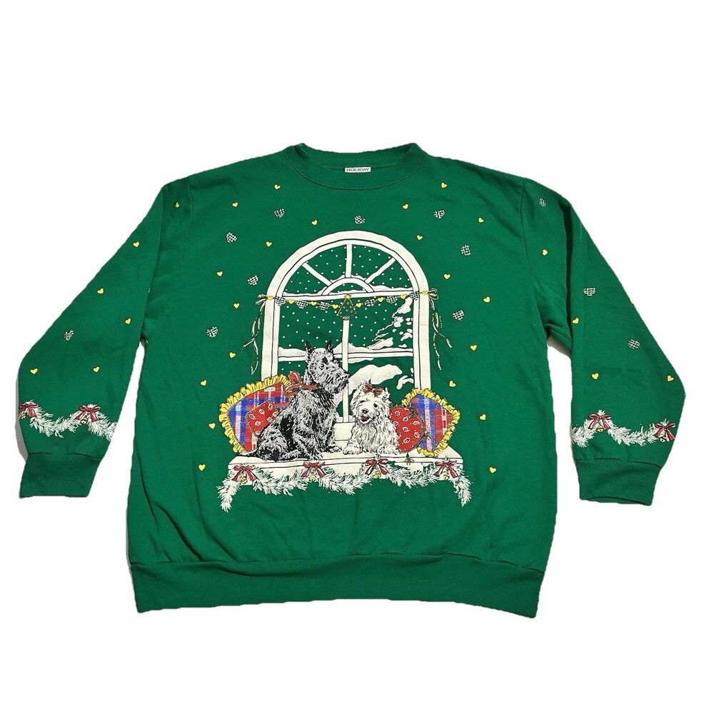 Vintage Christmas Sweater Sweatshirt Jumper Dogs Scottish Yorkie Terrier Gifts